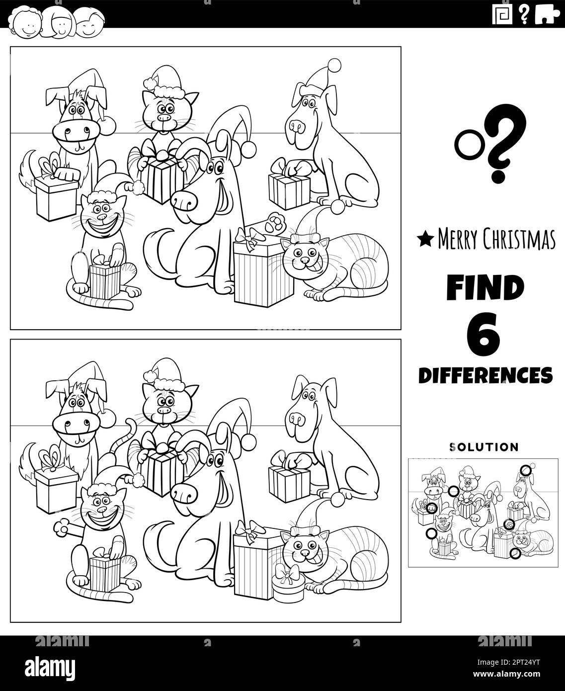 differences task with pets on Christmas coloring page Stock Vector ...