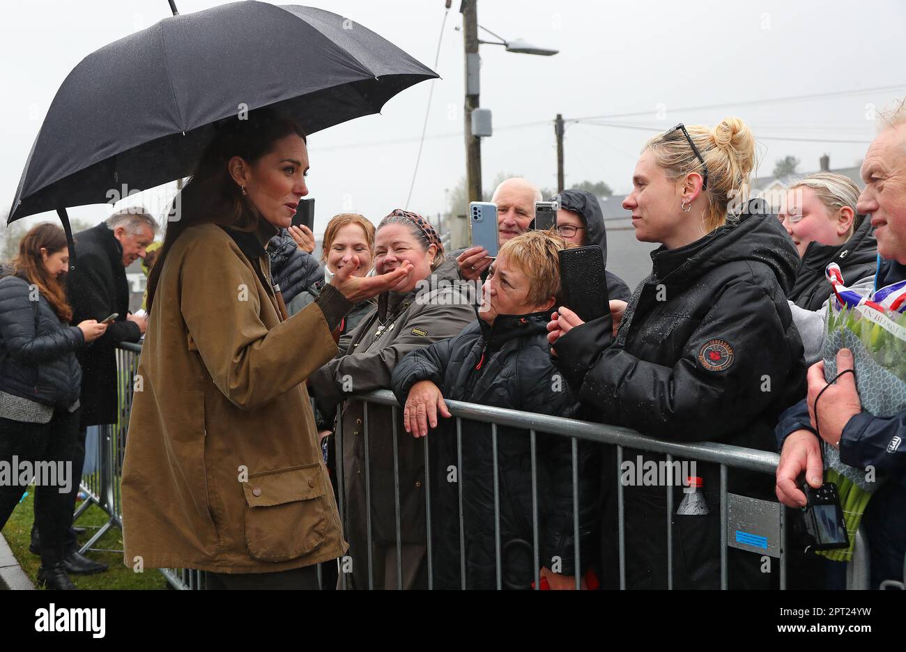 The Princess of Wales talks with well wishers during a visit to Dowlais Rugby Club, near Merthyr Tydfil in Wales. The volunteer-run organisation, which covers the central area of the Bannau Brycheiniog National Park including Pen y Fan, is celebrating its 60th birthday. Picture date: Thursday April 27, 2023. Stock Photo