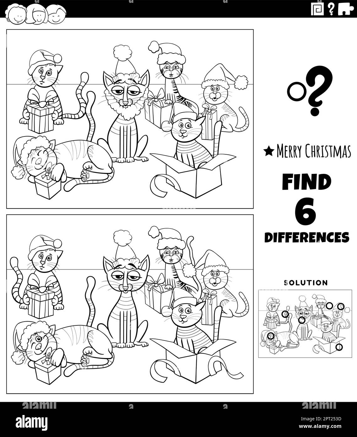 differences task with cats on Christmas coloring page Stock Vector ...