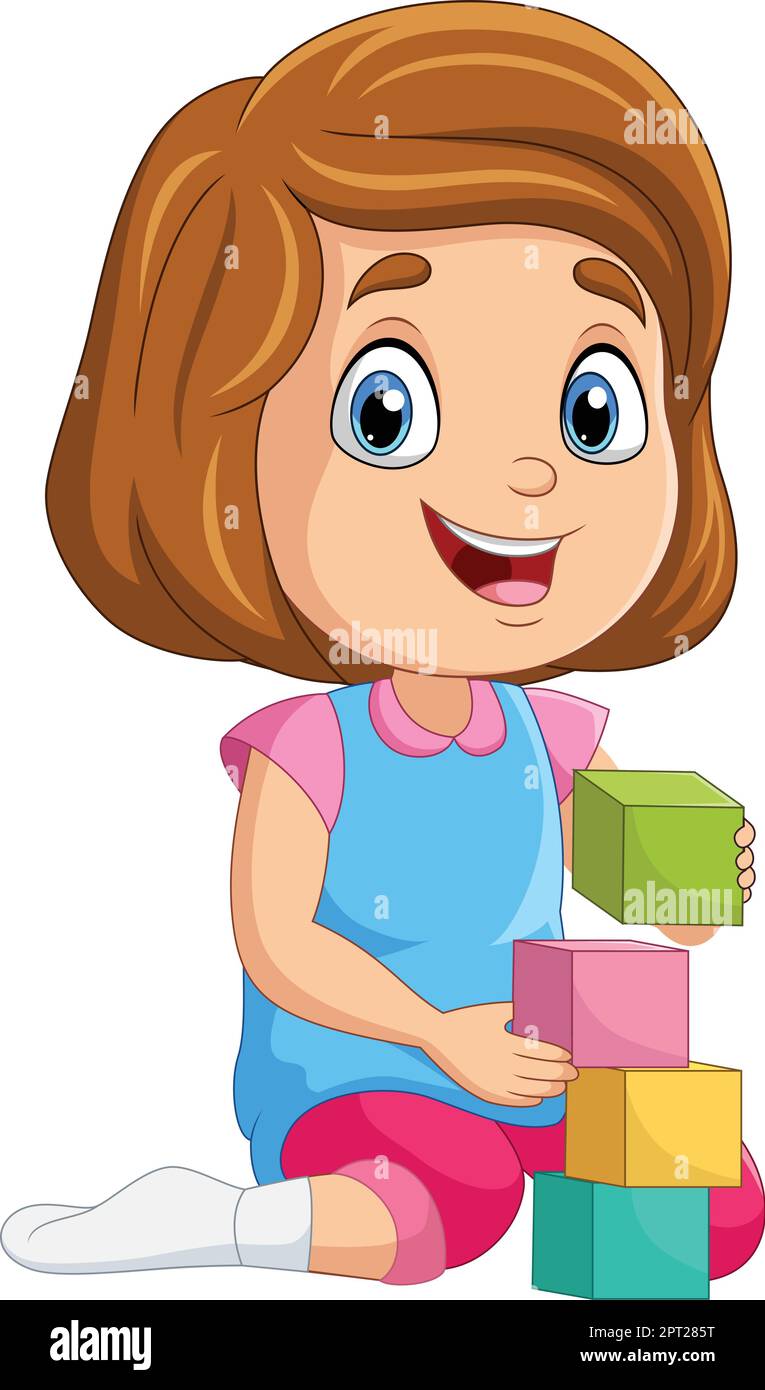 Cartoon little girl playing with building blocks Stock Vector Image