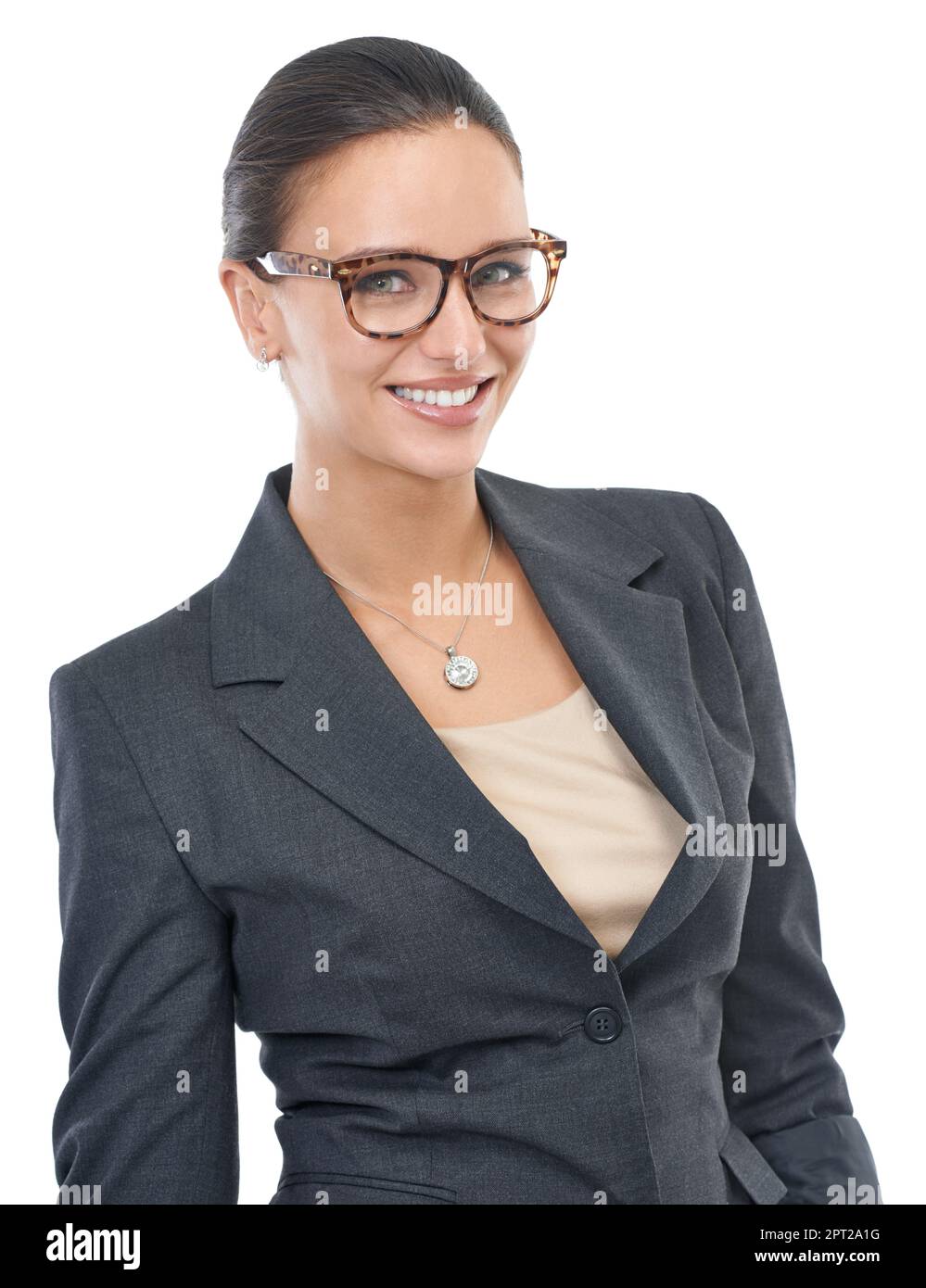 Ready to climb the corporate ladder. Studio portrait of a confident businesswoman isolated on white Stock Photo