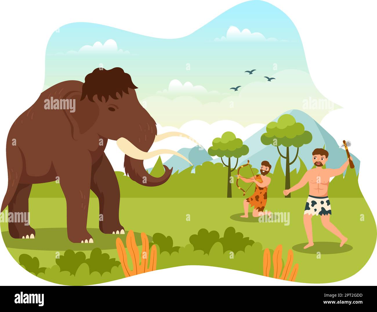 Prehistoric Stone Age Tribes Hunting Large Animals with Weapon in Flat Cartoon Hand Drawing Template Illustration Stock Vector