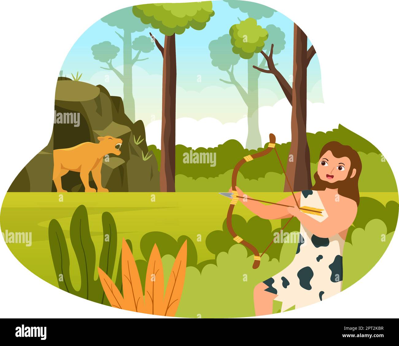 Prehistoric Stone Age Tribes Hunting Large Animals with Weapon in Flat Cartoon Hand Drawing Template Illustration Stock Vector