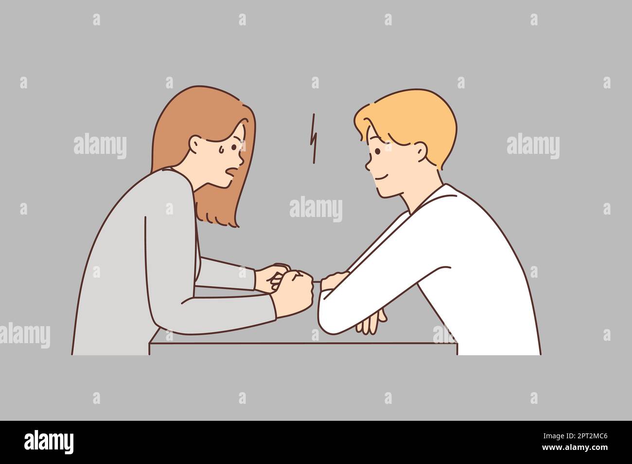 Man and woman sitting at table arguing. Mad furious female feel stressed fight with smiling male. Moods and view on life. Vector illustration. Stock Photo