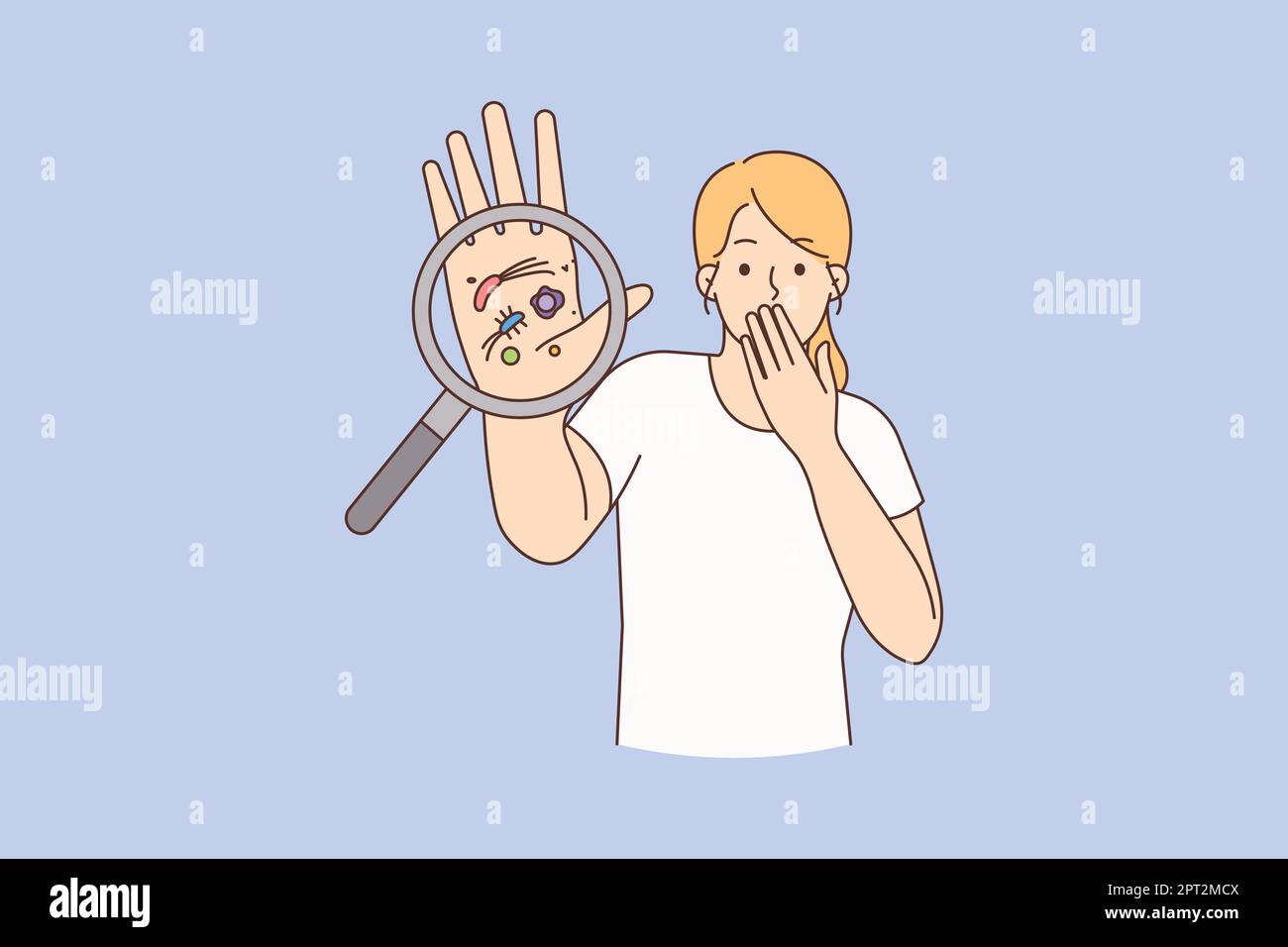 Stressed young woman show bacteria under magnifying glass on hand ...