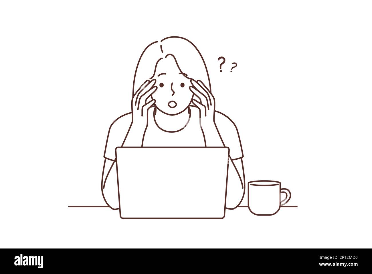 Confused woman look at laptop screen frustrated by unexpected news on internet. Stunned female shocked by unbelievable message on computer. Vector ill Stock Photo