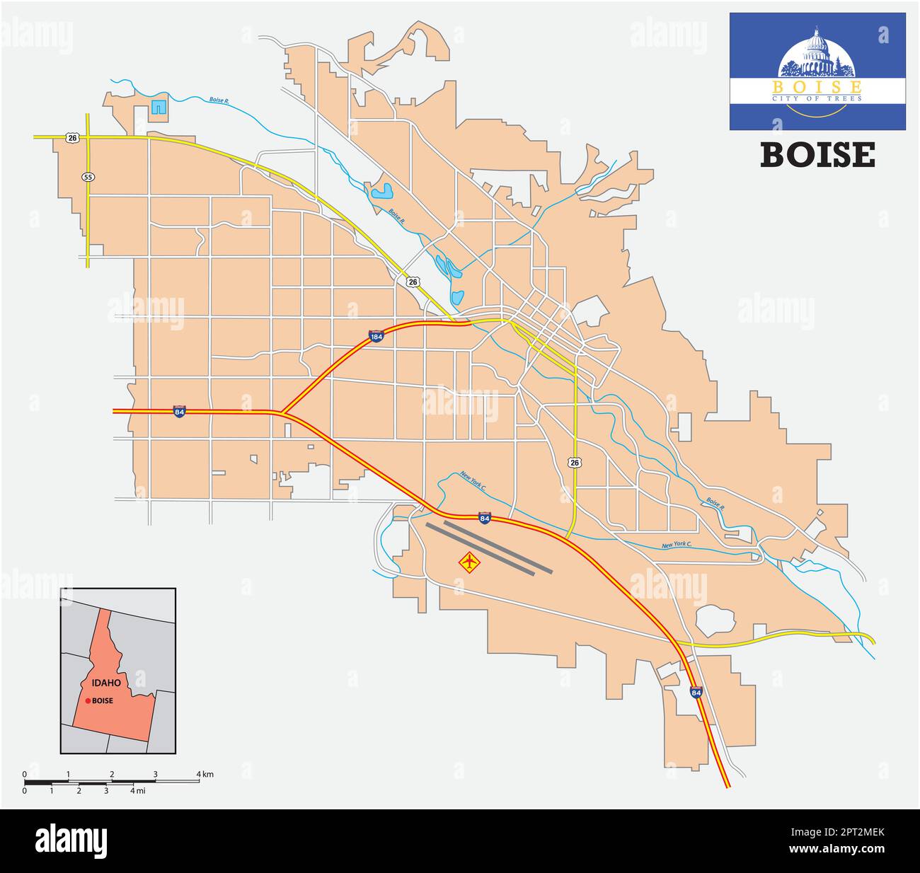 simple street map of the city of Boise, Idaho, United States Stock