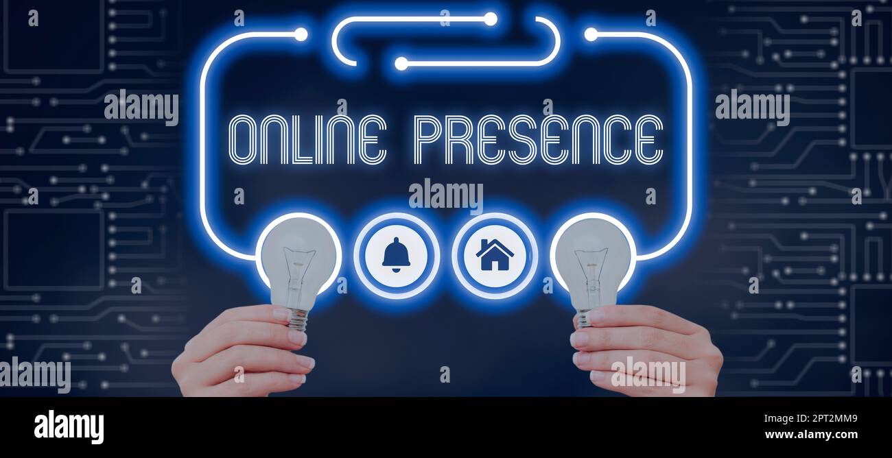 Sign displaying Online Presenceexistence of someone that can be found via an online search, Business overview existence of someone that can be found v Stock Photo