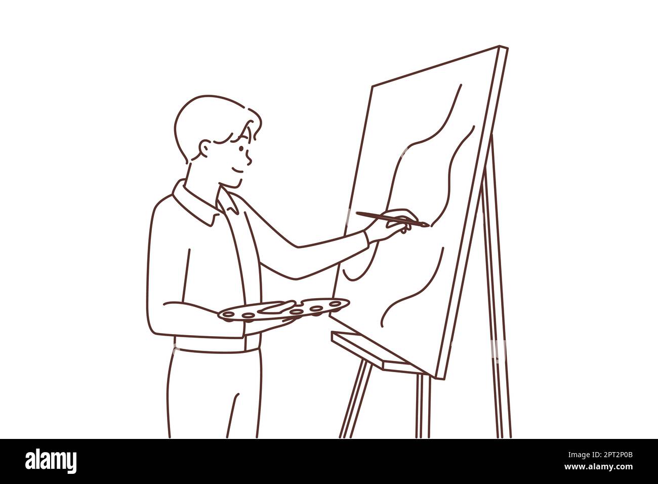 Young man painting picture on easel. Happy male artist enjoy drawing on