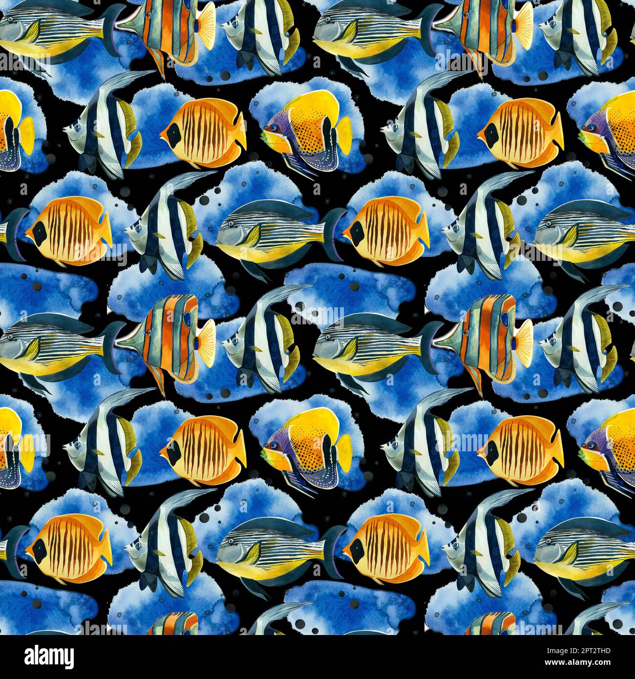 Seamless pattern. Tropical fish in bright colors and blue spots, hand-drawn in watercolor on a black background. Suitable for printing on fabric Stock Photo