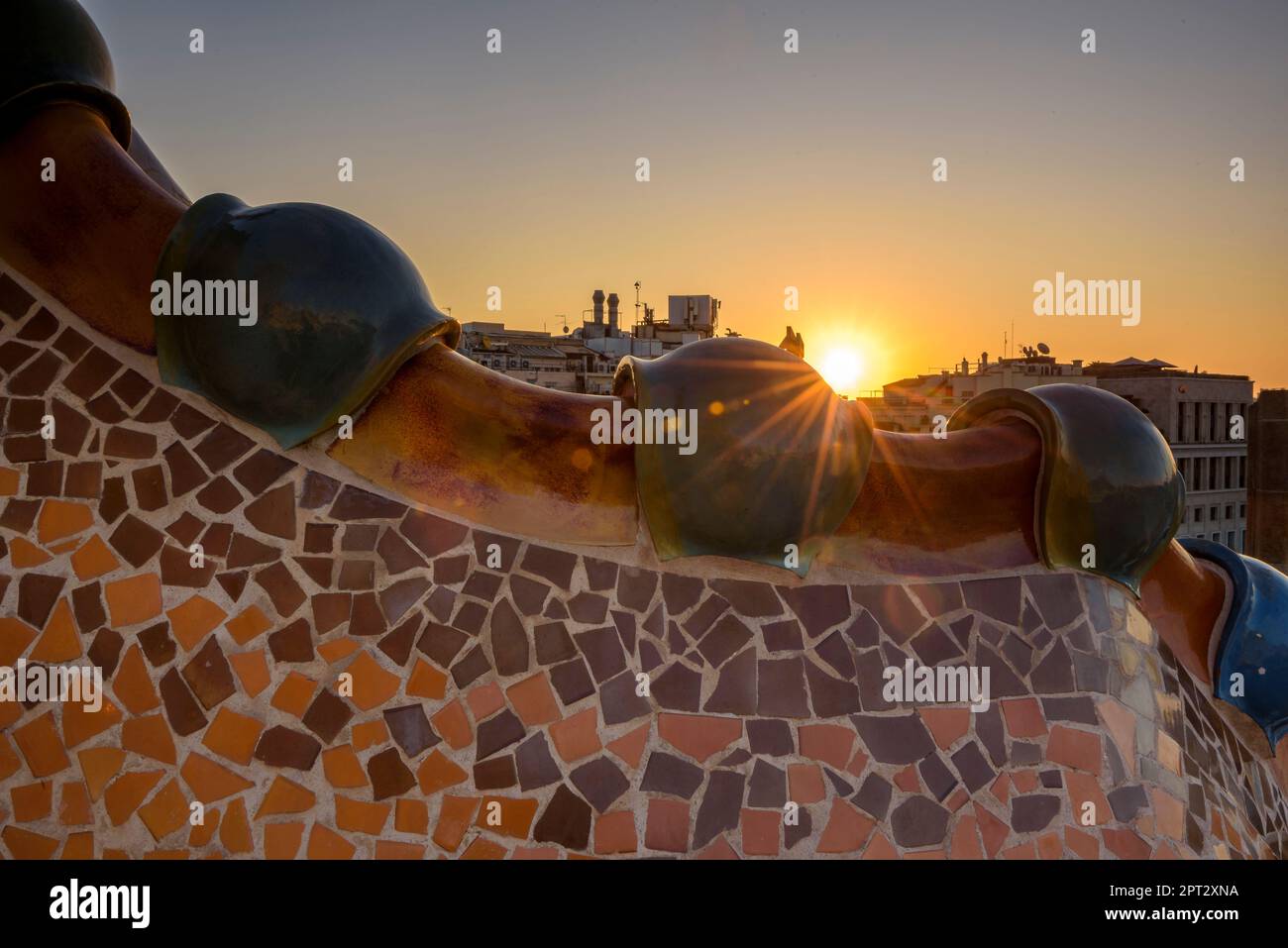 Roof of Casa Batlló in the shape of a dragon's back and decorated with ...