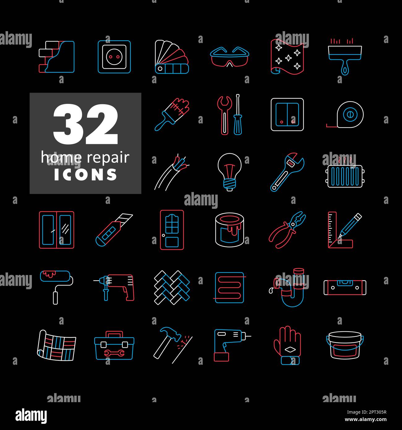 Set of building construction and home repair on dark background icons ...