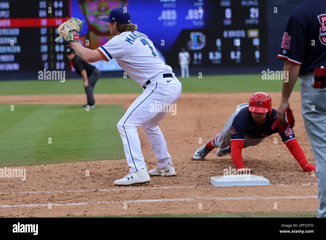 Durham, NC: Durham Bulls infielder Kyle Manzardo (7) leaps to catch a ball  at first during a MiLB baseball game against the Memphis Redbirds, Tuesday  Stock Photo - Alamy