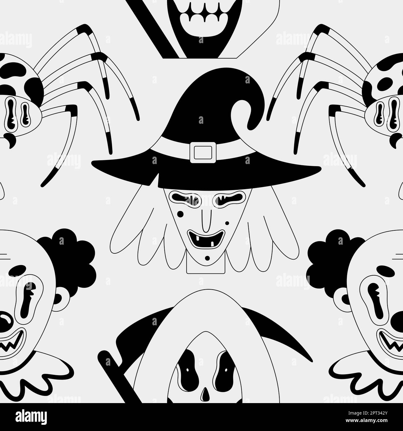 Halloween seamless pattern. Black spooky fantasy characters on white ...