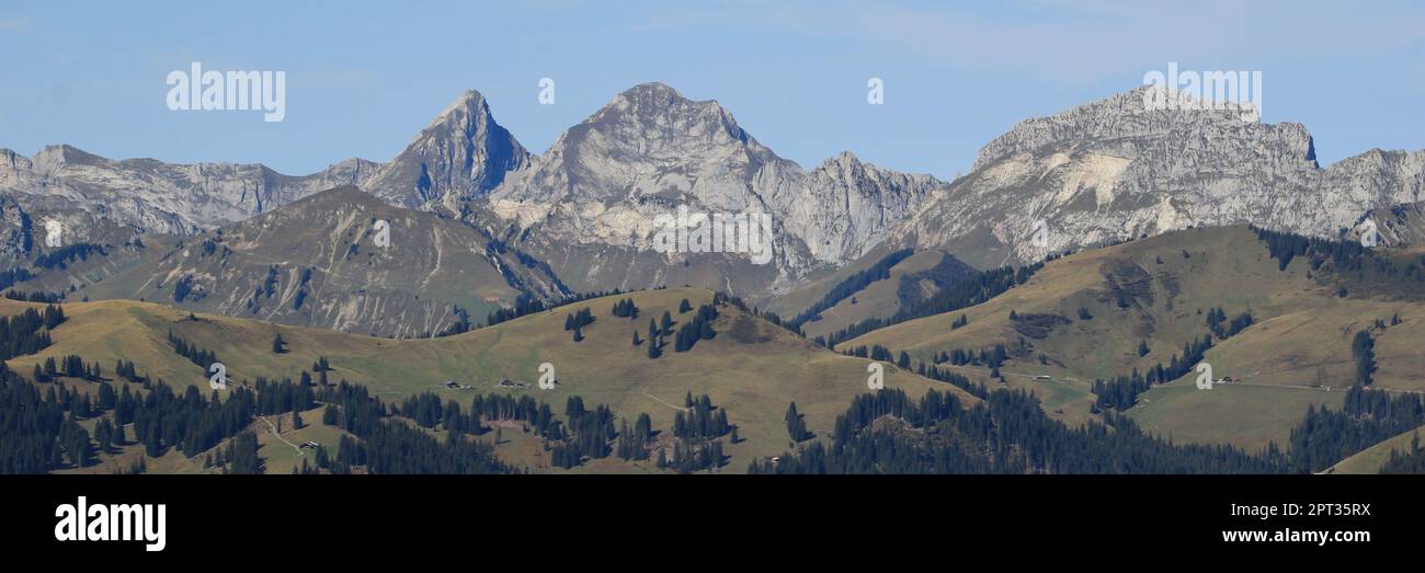 Dent De Ruth and other mountains seen from Rinderberg, Zweisimmen. Stock Photo