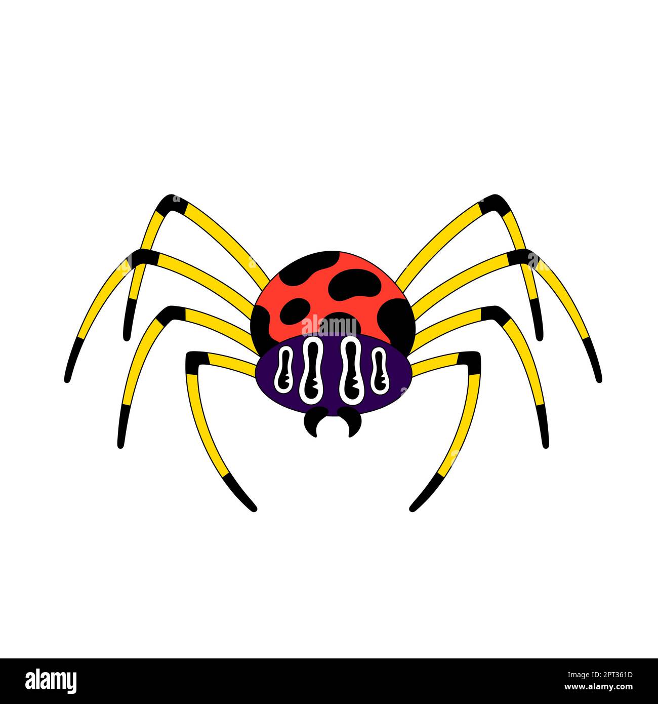 Poisonous spider. Halloween spooky cartoon character isolated on white background. Flat style with black outline. . Sticker, print on clothes, notebooks and phone cases. Vector illustration Stock Vector