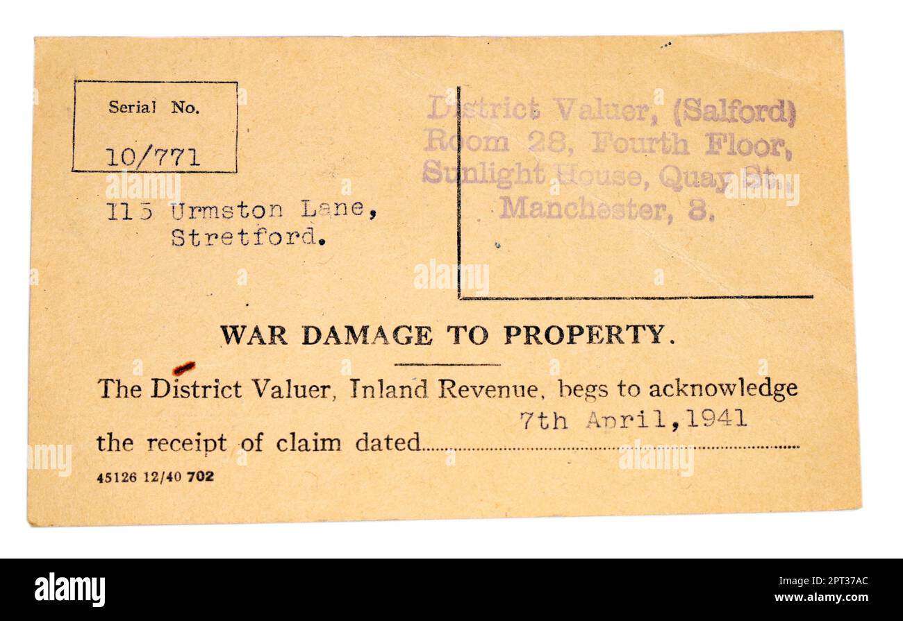 Recipt for claim for war damage to property during World War 2. Stock Photo