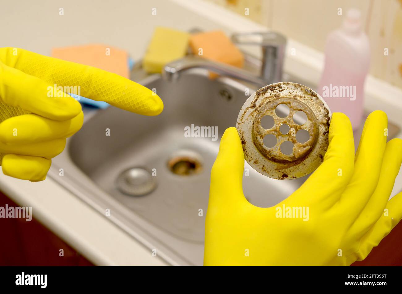 Cleaner in rubber gloves shows waste in the plughole protector of a