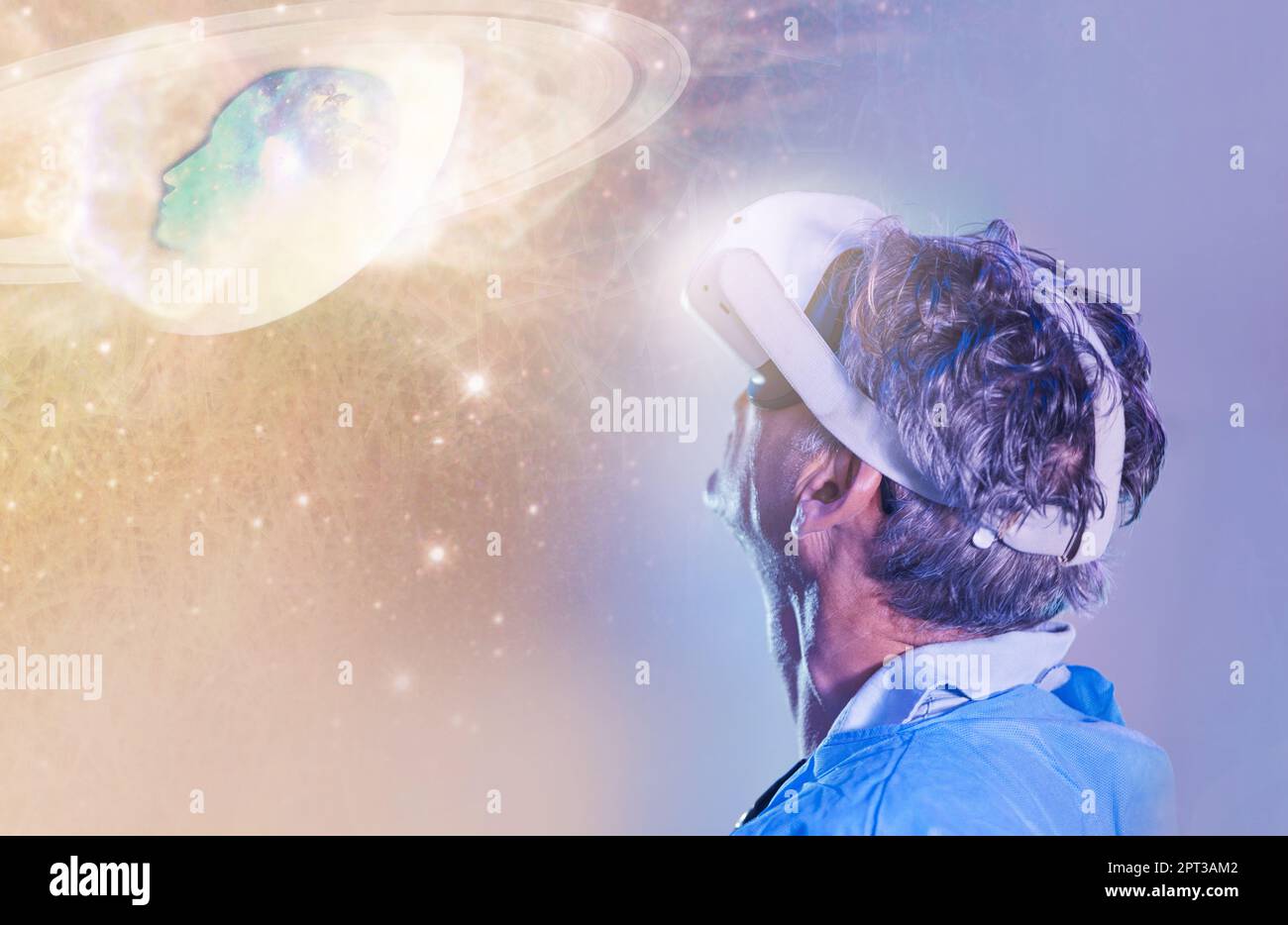 Man, metaverse or virtual reality for hologram, solar system or