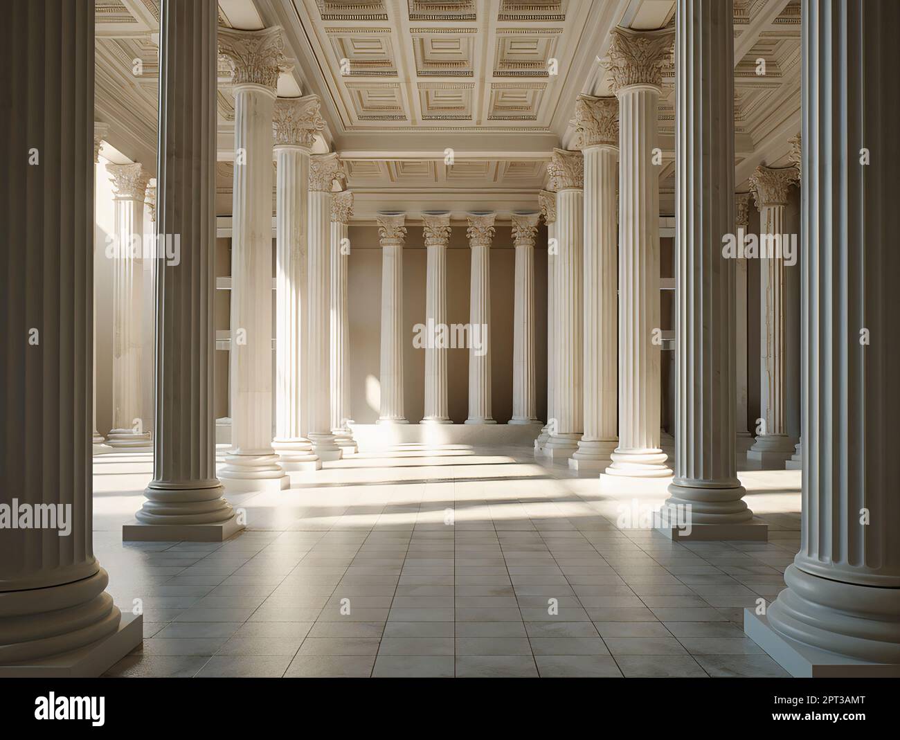 3d columns wallpaper. interior old palace. white and golden marble