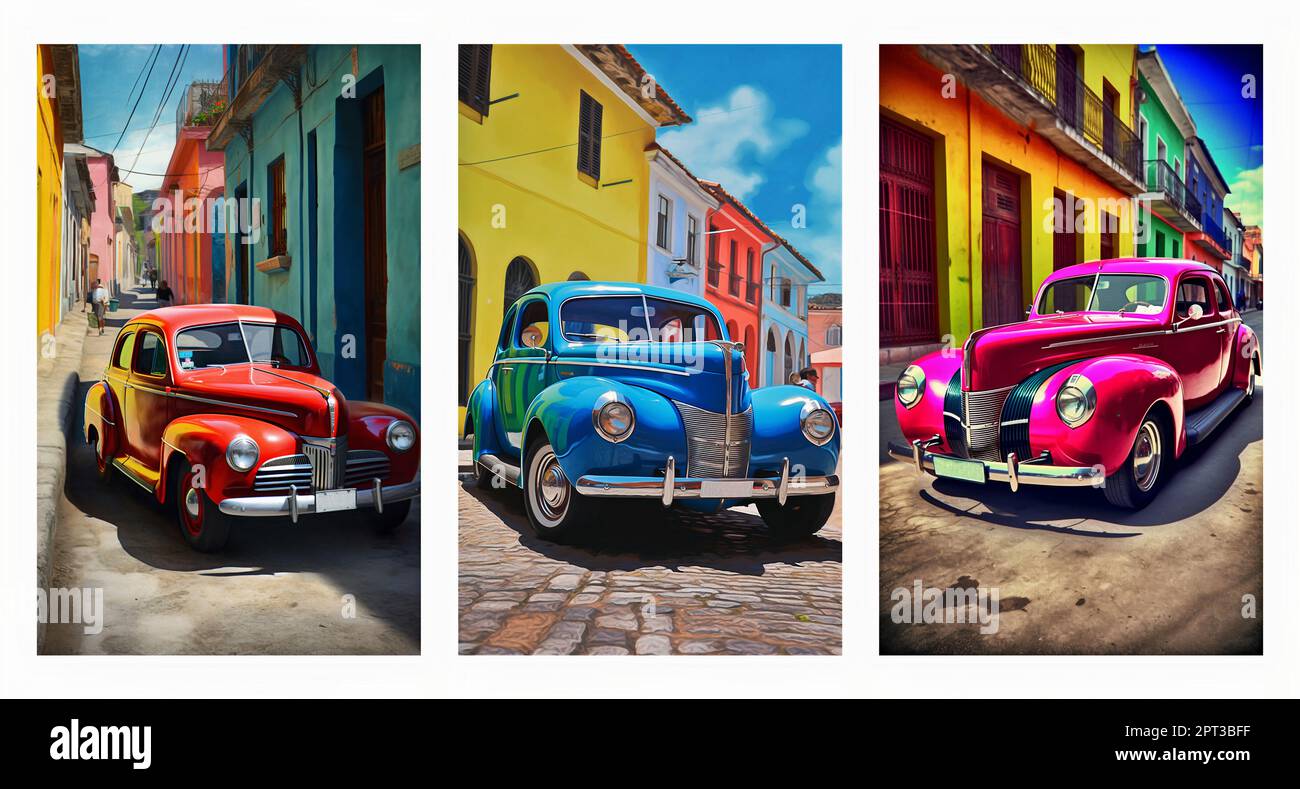 Colorful Coupe car on the streets. Multicolor old building. modern canvas wall poster Stock Photo