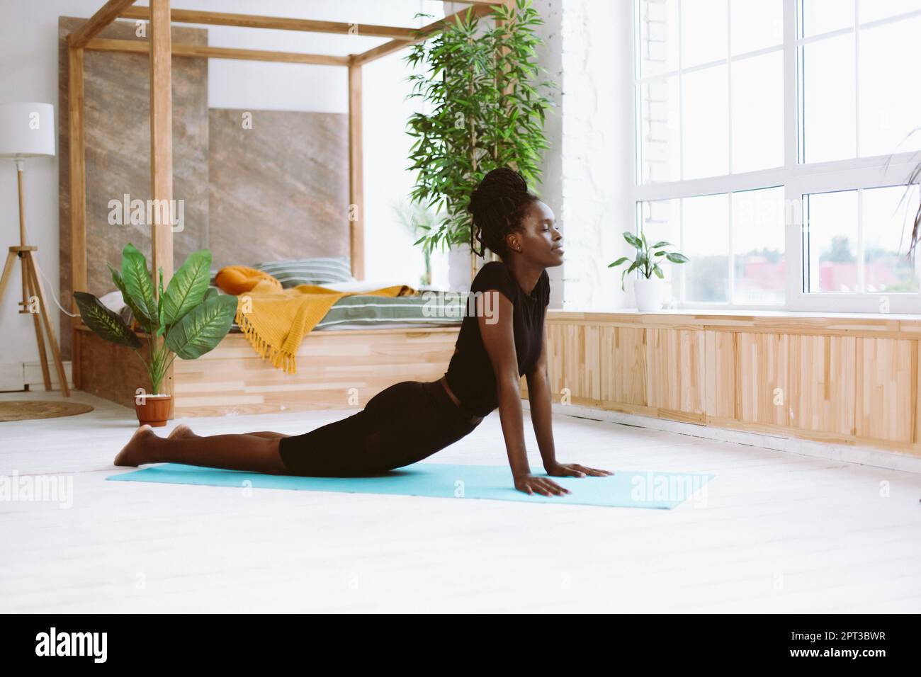 Mindful dark skin african american woman with close eyes do yoga exercises indoors. Relax and stretching in cobra pose Stock Photo Alamy