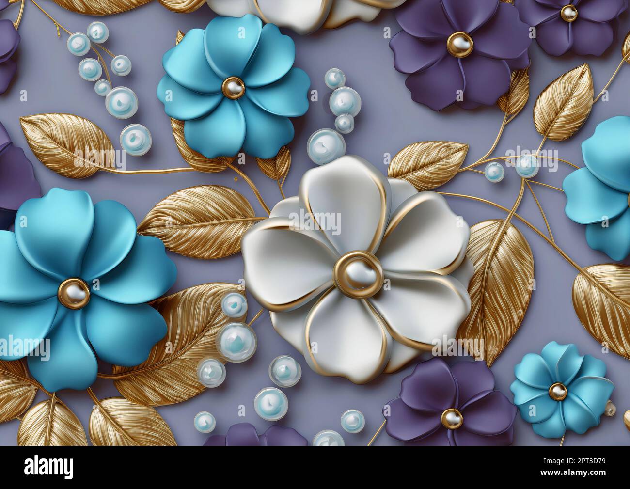 3d floral wallpaper with silver pearls. rose, purple and golden flowers