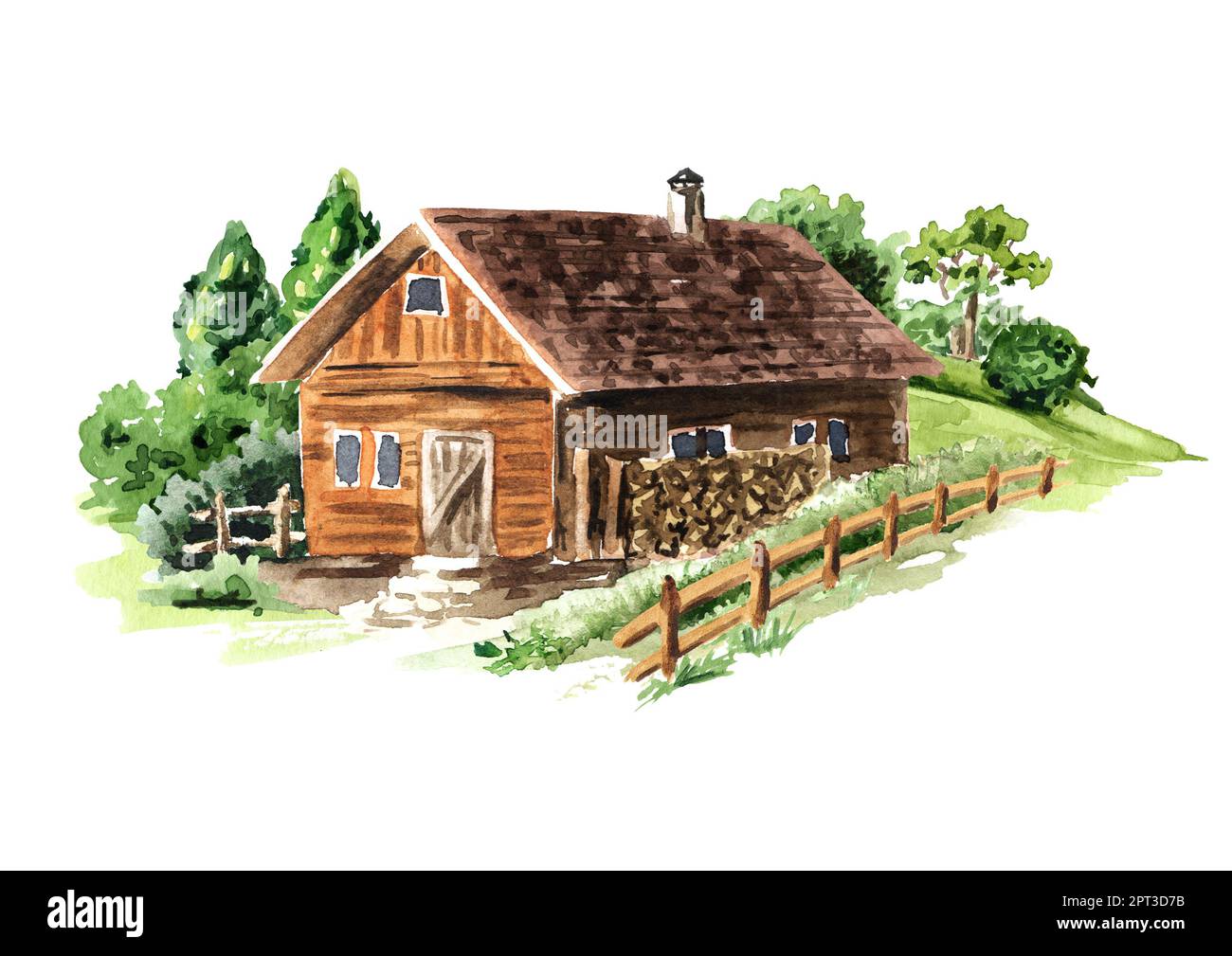 Cozy country house. Hand drawn watercolor illustration isolated on ...