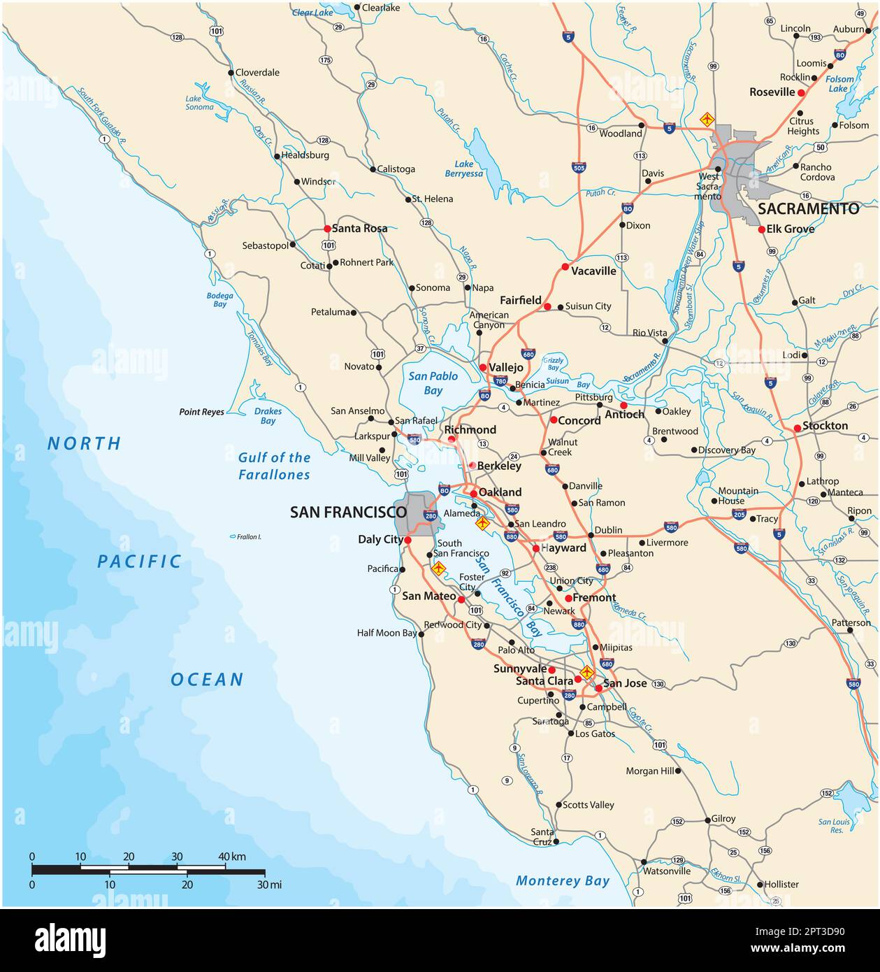 San Francisco Bay Area road map, California, United States Stock Vector