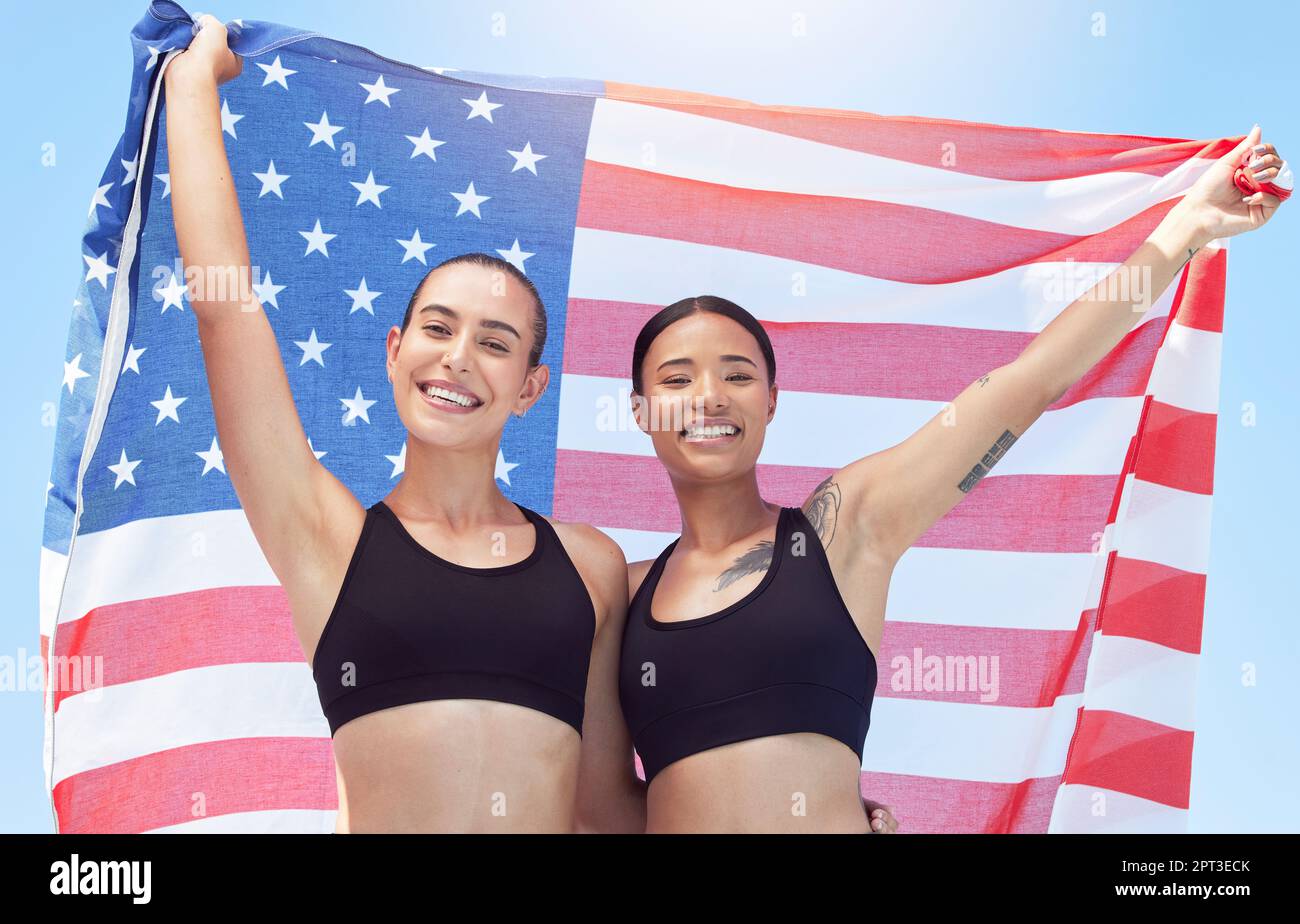 USA winner flag, women in sports and runner on podium at marathon event,  team celebration at professional game and smile for success. Portrait of  runn Stock Photo - Alamy