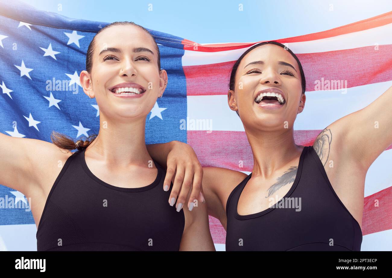 USA flag, sports winner and women winning race at sport stadium, happy