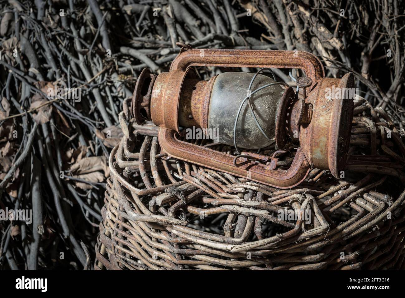 rusty lantern in a abandoned house Stock Photo