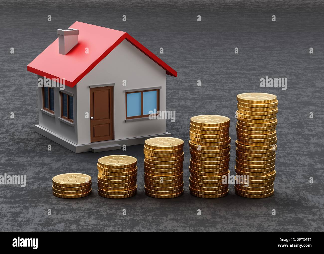 Rising Heaps of Golden Coins on Dark Background with House 3D Render ...