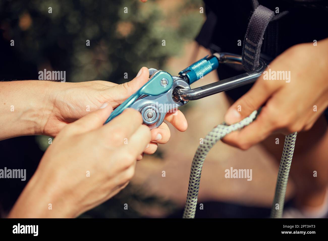 Security, safety hands with harness, rope or climber cable gear for