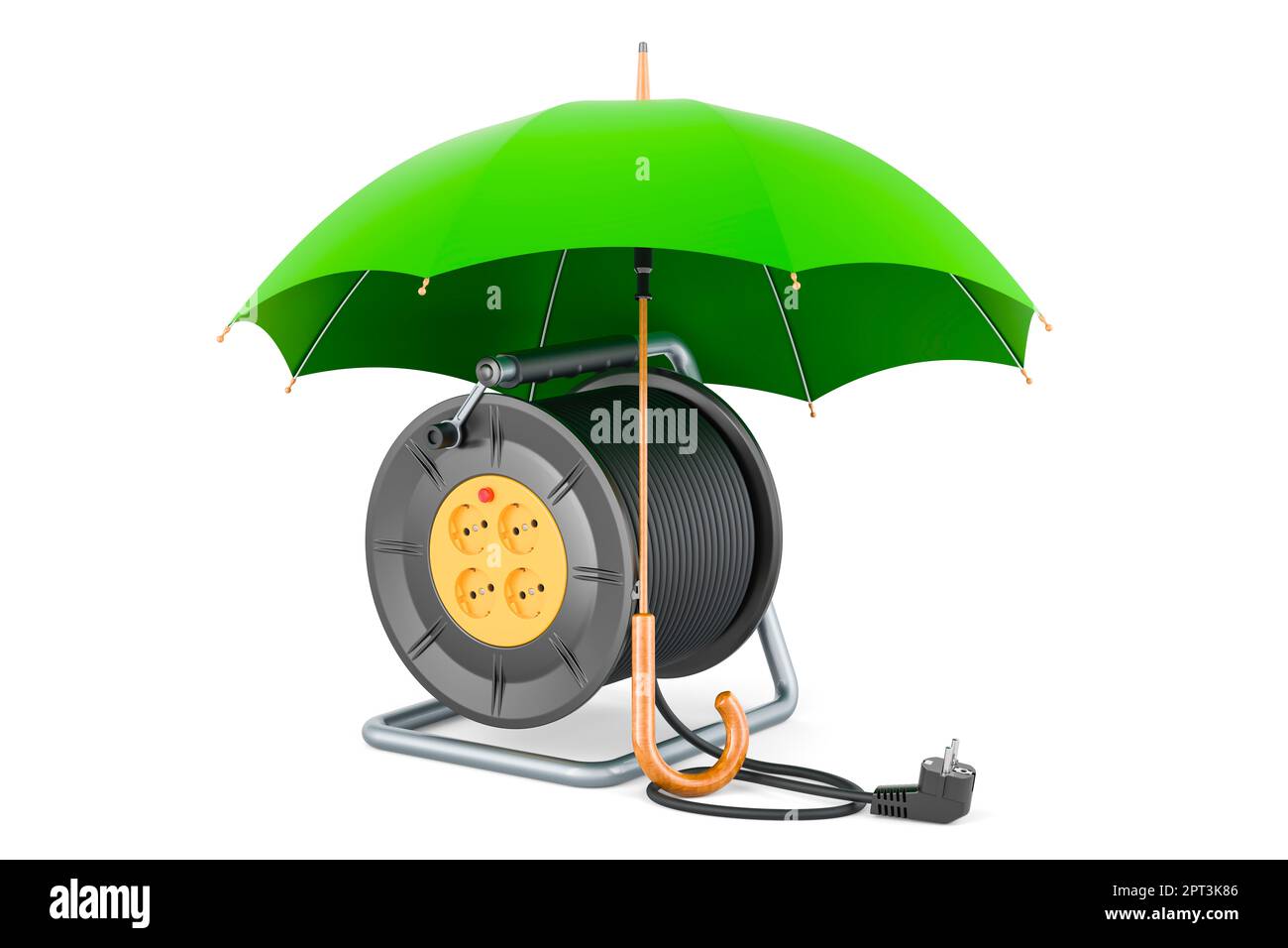 Industrial cable reel under umbrella, 3D rendering isolated on white