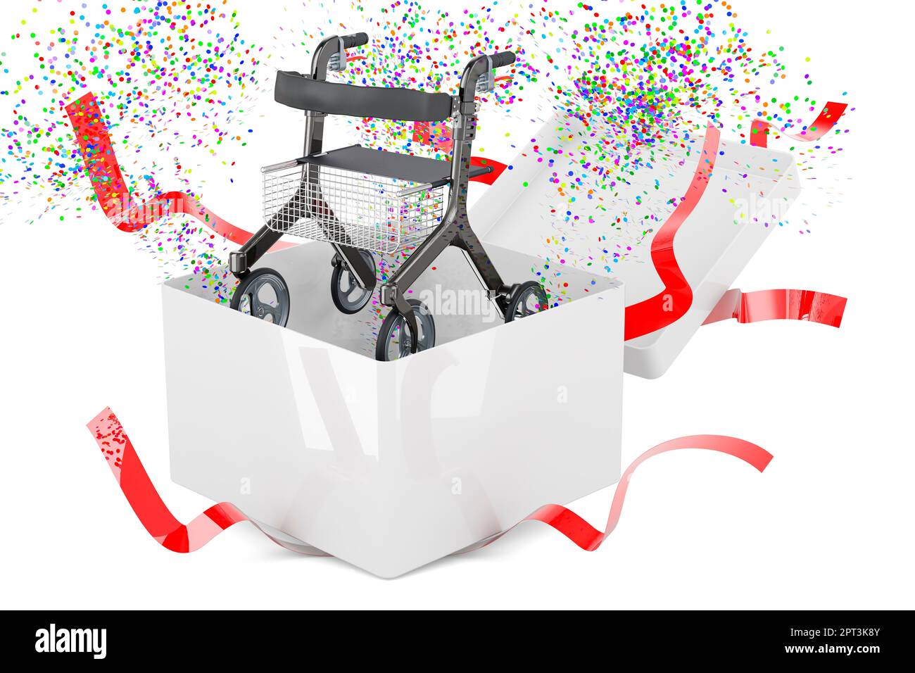 Rollator for elderly inside gift box, 3D rendering isolated on white background Stock Photo