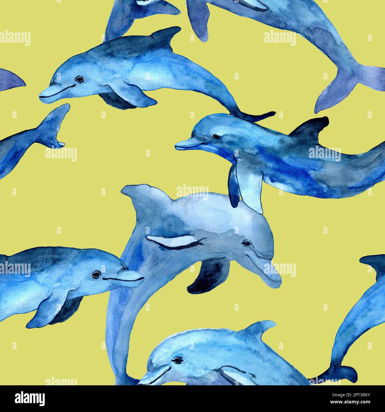 Watercolor seamless pattern of blue dolphins silhouettes. Illustration ...