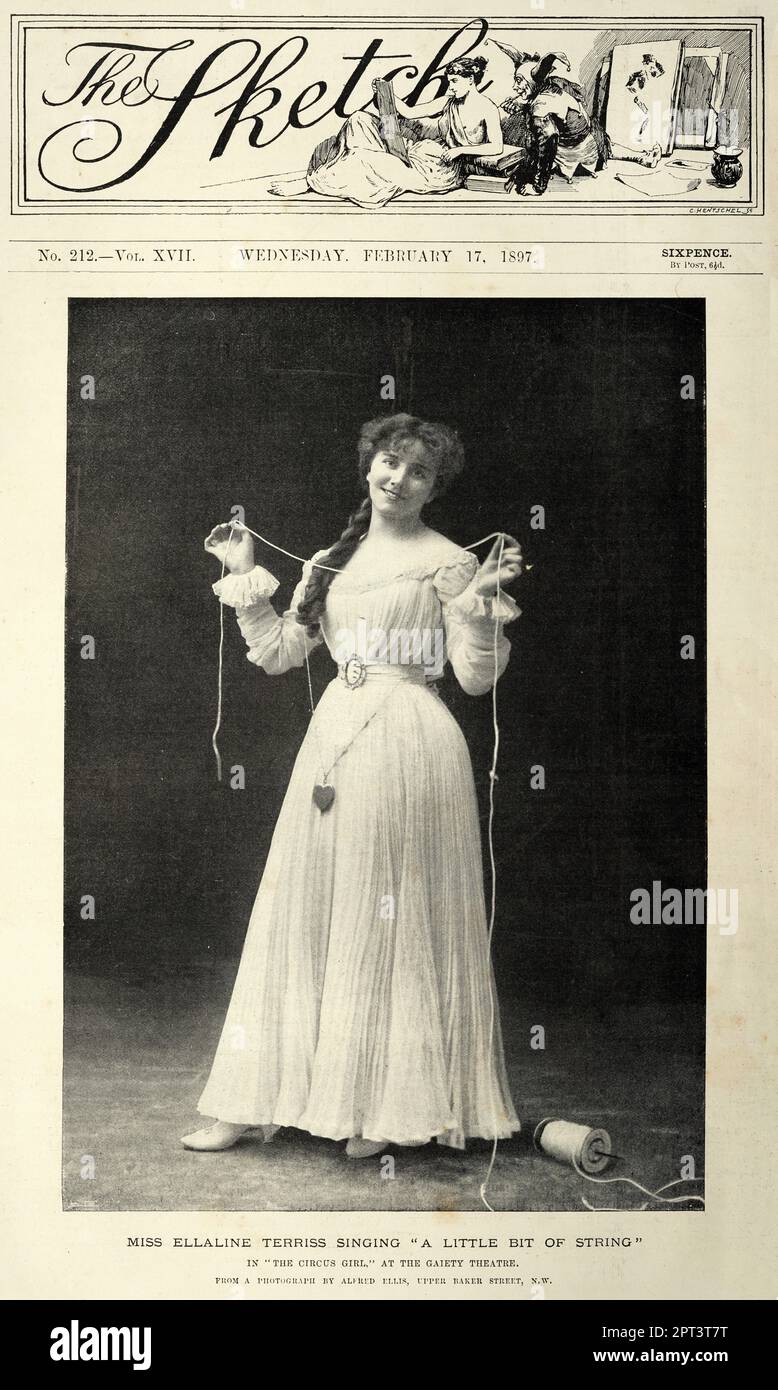 Vintage illustration after a photograph of Miss Ellaline Terriss as Dora in The Circus Girl, A little Bit of String, 1890s, 19th Century Theatre Stock Photo