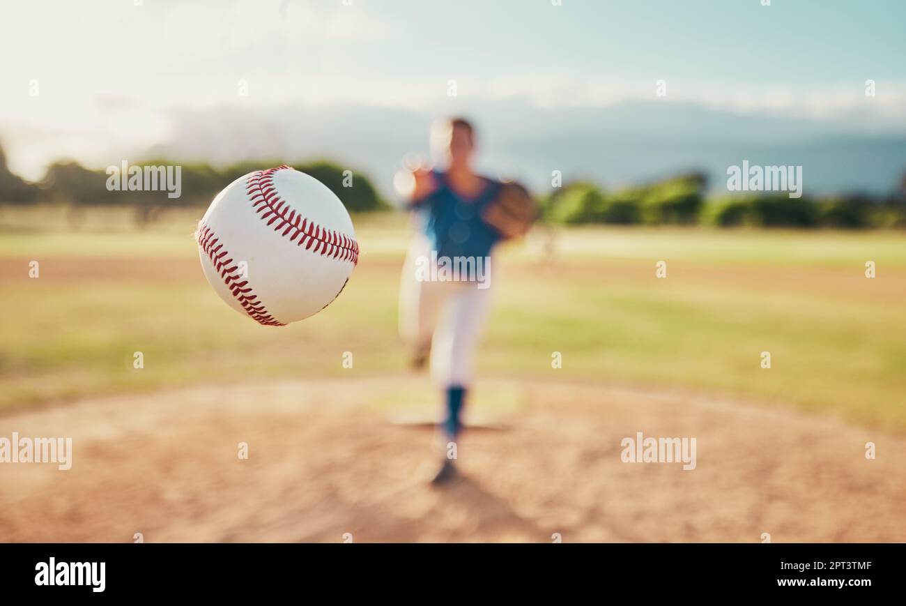 Baseball, sport and ball with a sports athlete or pitcher throwing and