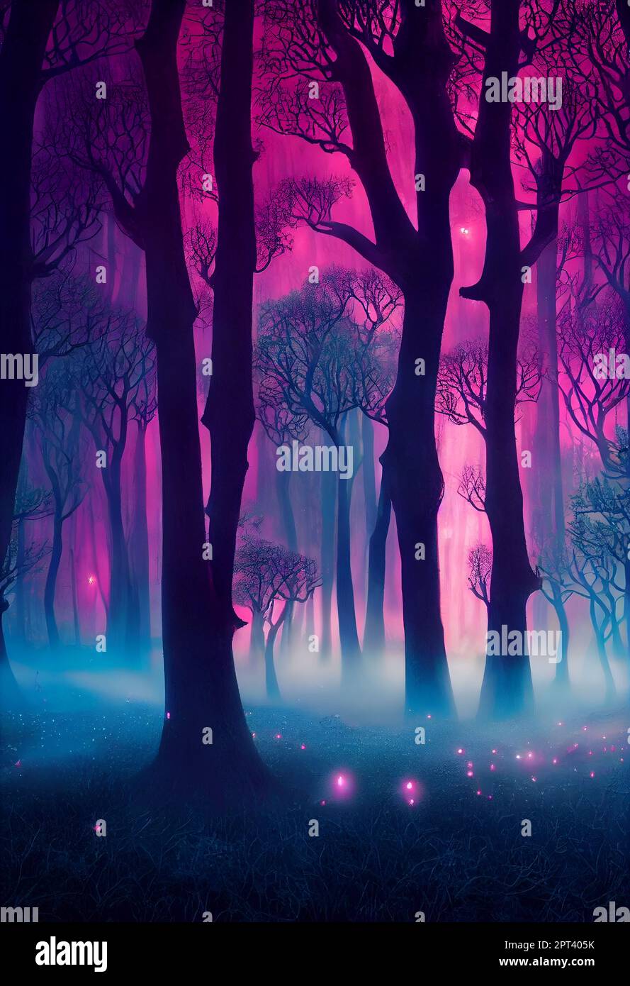 Forest edge under moonlight. Landscape of magical area 3D illustration