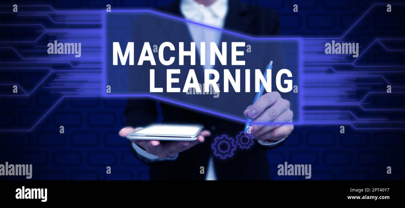 Handwriting text Machine Learning, Business overview the concept that a computer can learn new data itself Stock Photo