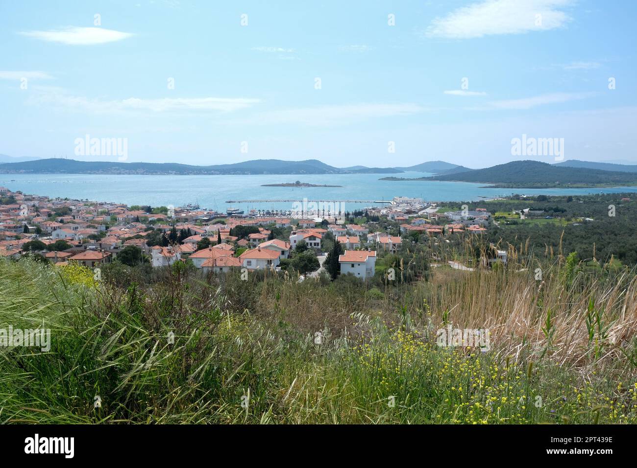 Cunda Island and Ayvalık wide angle landscape from the top of Cunda hill at Balıkesir. Cunda houses, sea and sky view from Cunda Hill. Stock Photo