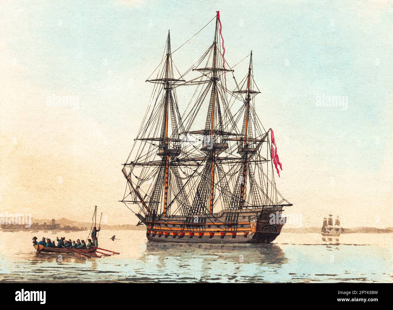 A Danish naval ship at anchor in a quiet morning by C.W. Eckersberg