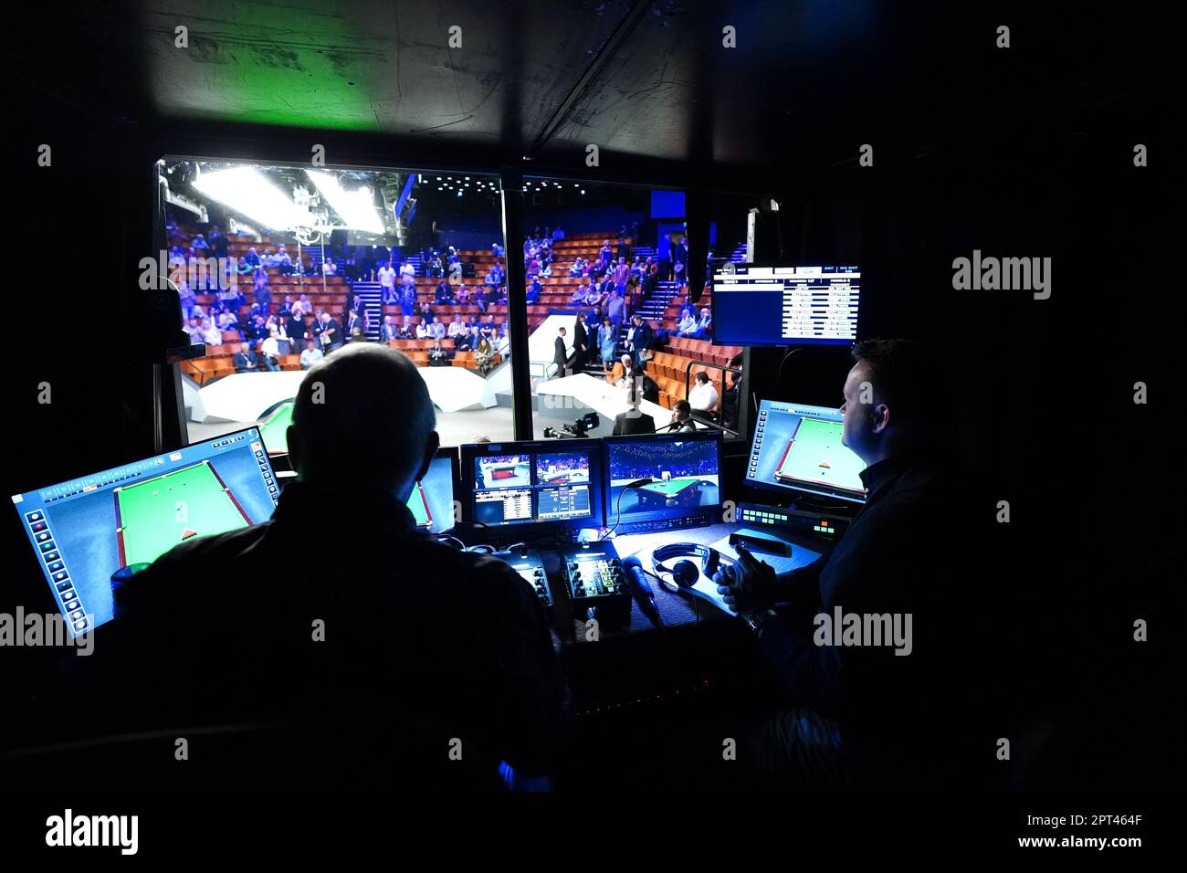 A general view inside of the commentary booth on day thirteen of the Cazoo World Snooker Championship at the Crucible Theatre, Sheffield. Picture date: Thursday April 27, 2023. Stock Photo