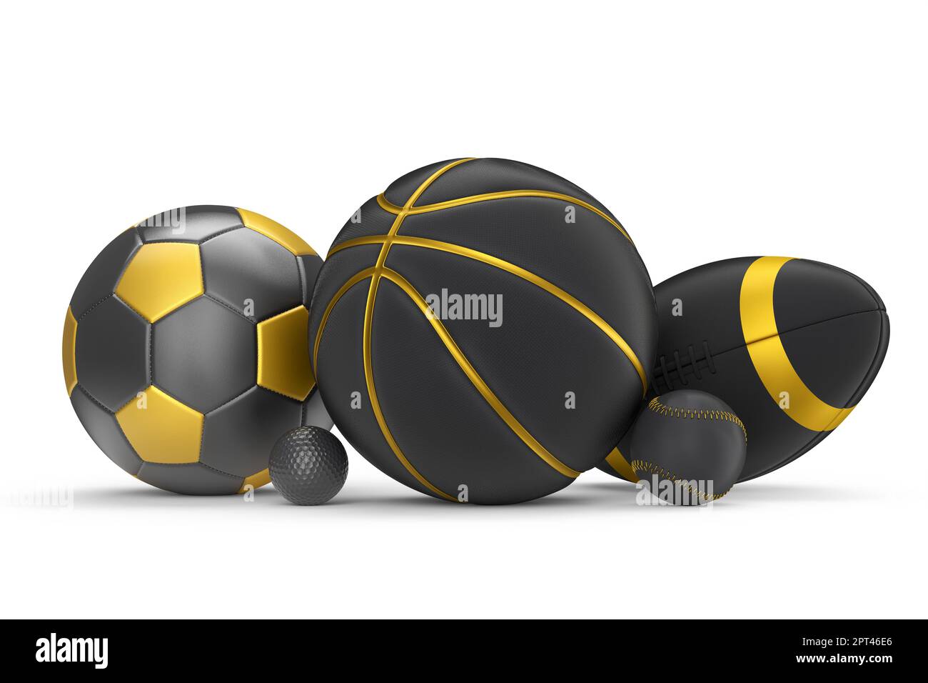 Set of black and gold ball like basketball, american football and golf  isolated on white background. 3d rendering of sport accessories for team  playin Stock Photo - Alamy