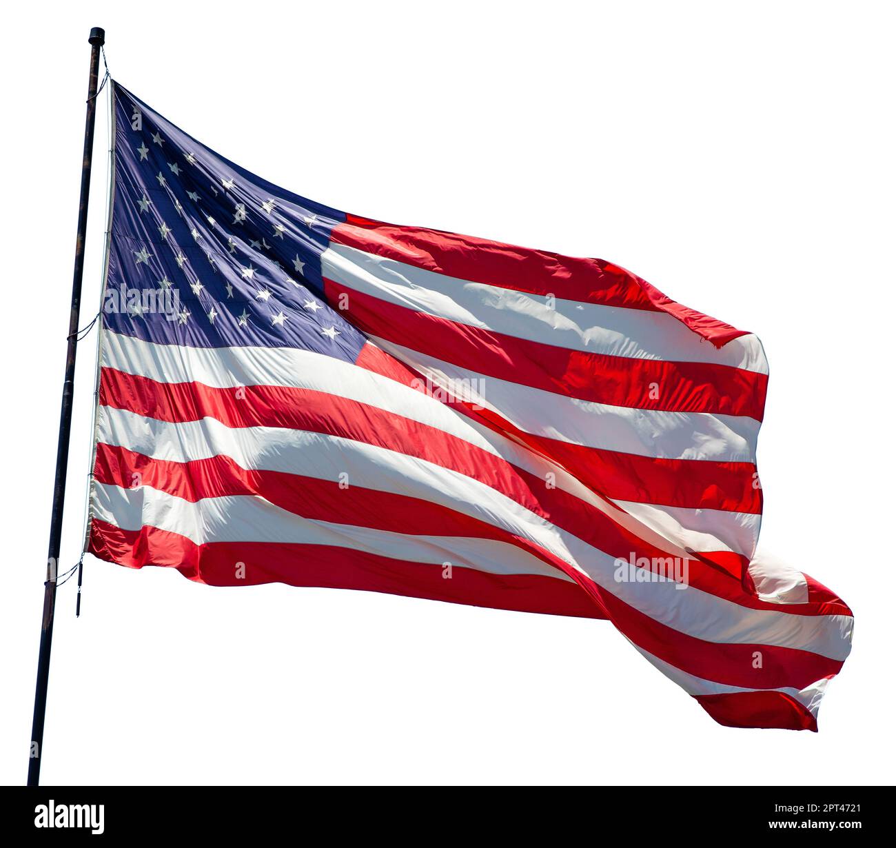 American Flag Waving In The Wind Isolated on White. Stock Photo