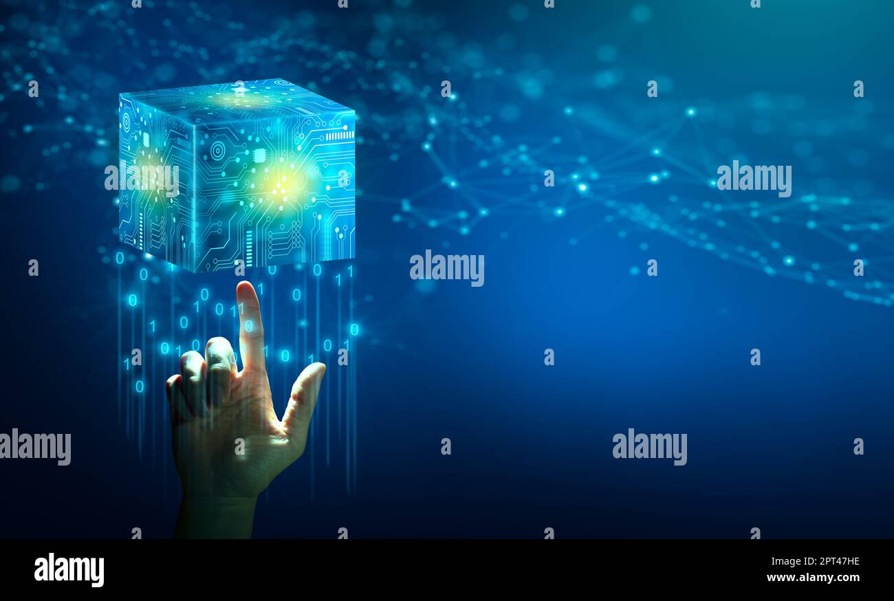 Businessman hand holding Cube technology with Abstract blue background. Blockchain Network System. Big data storage processing, Cloud data, Internet S Stock Photo