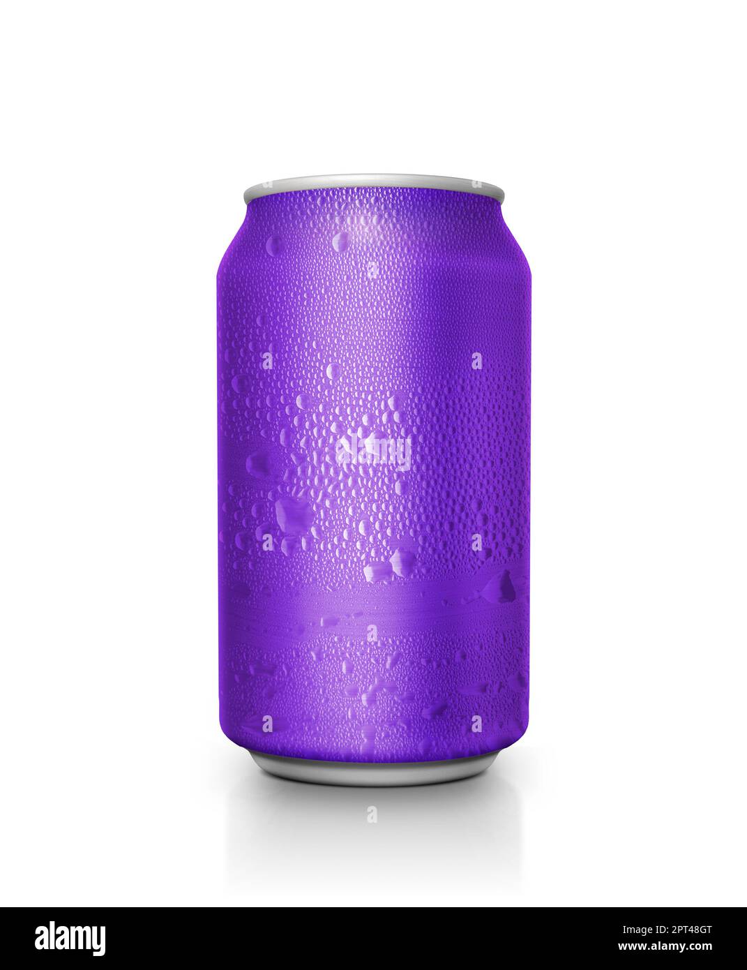 Purple aluminum cans with water droplets on a white Background Stock Photo