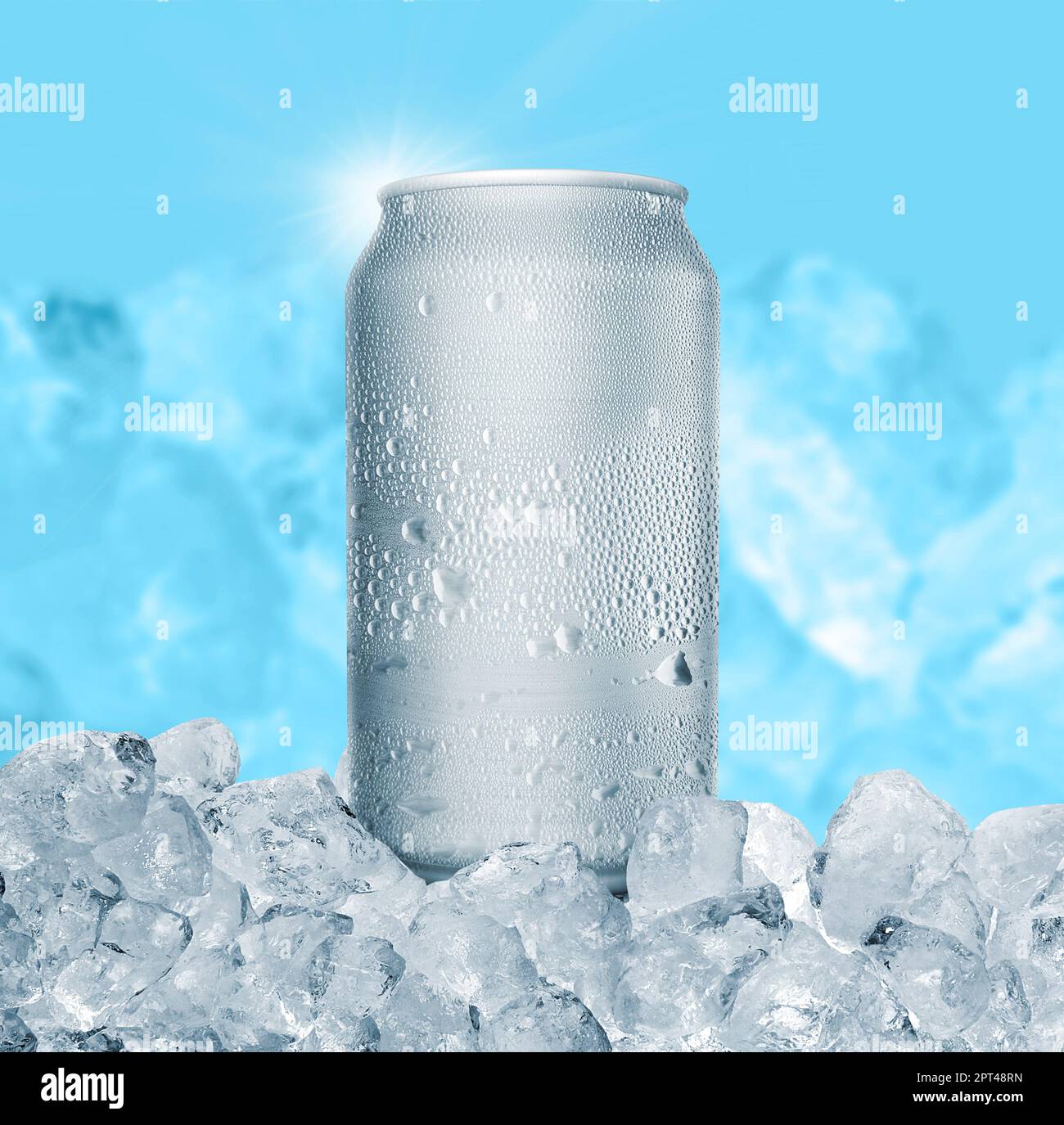 Aluminum Tin Can with ice cubes on blue background. Blank metallic can