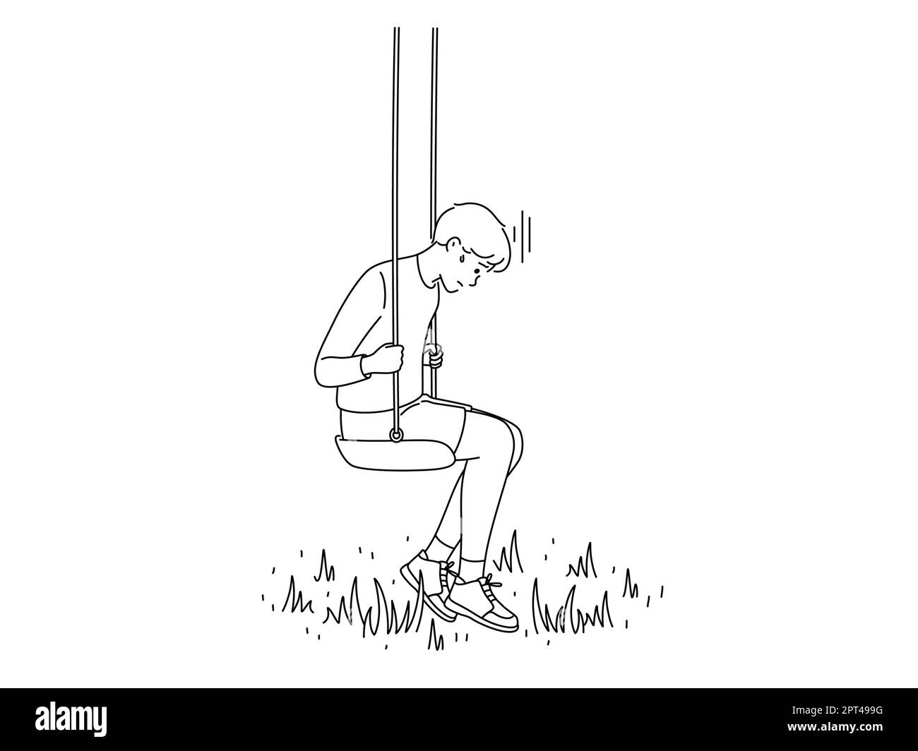 Sad small boy sit on swing suffer from loneliness or solitude. Unhappy little kid struggle with bullying or feeling lonely and abandoned. Vector illus Stock Photo